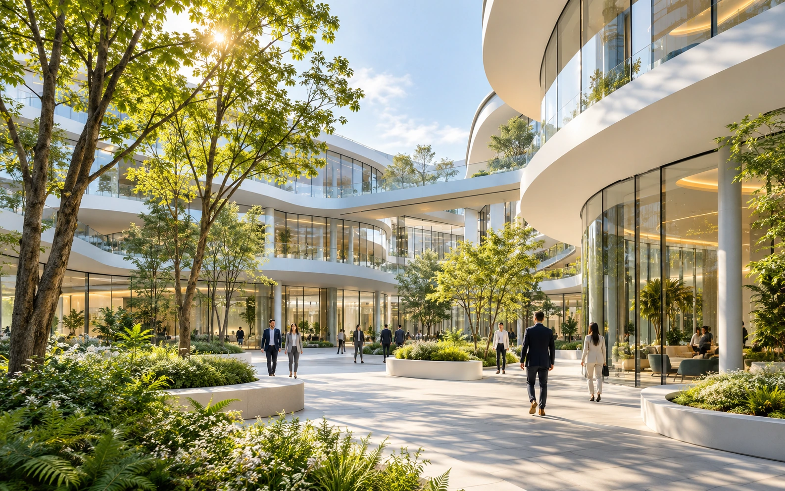 People walking between contemporary office buildings