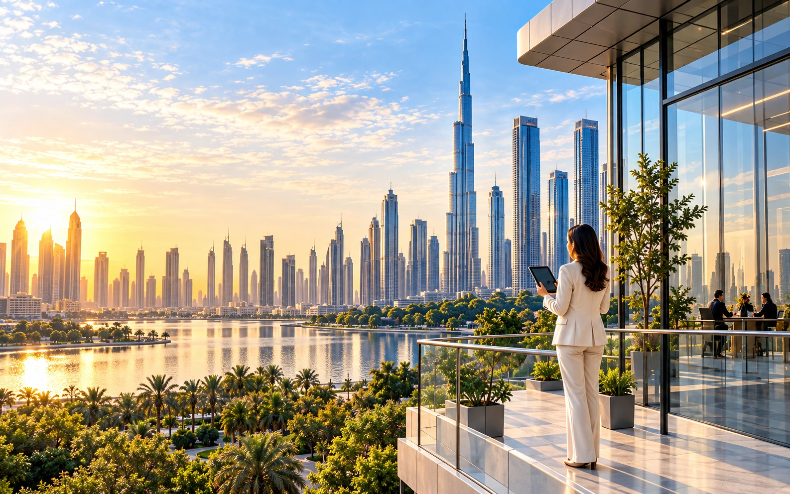 Dubai skyline and a woman at a modern office terrace